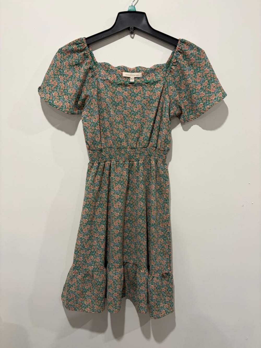 Green Floral Square-Neck Puff Sleeve Dress